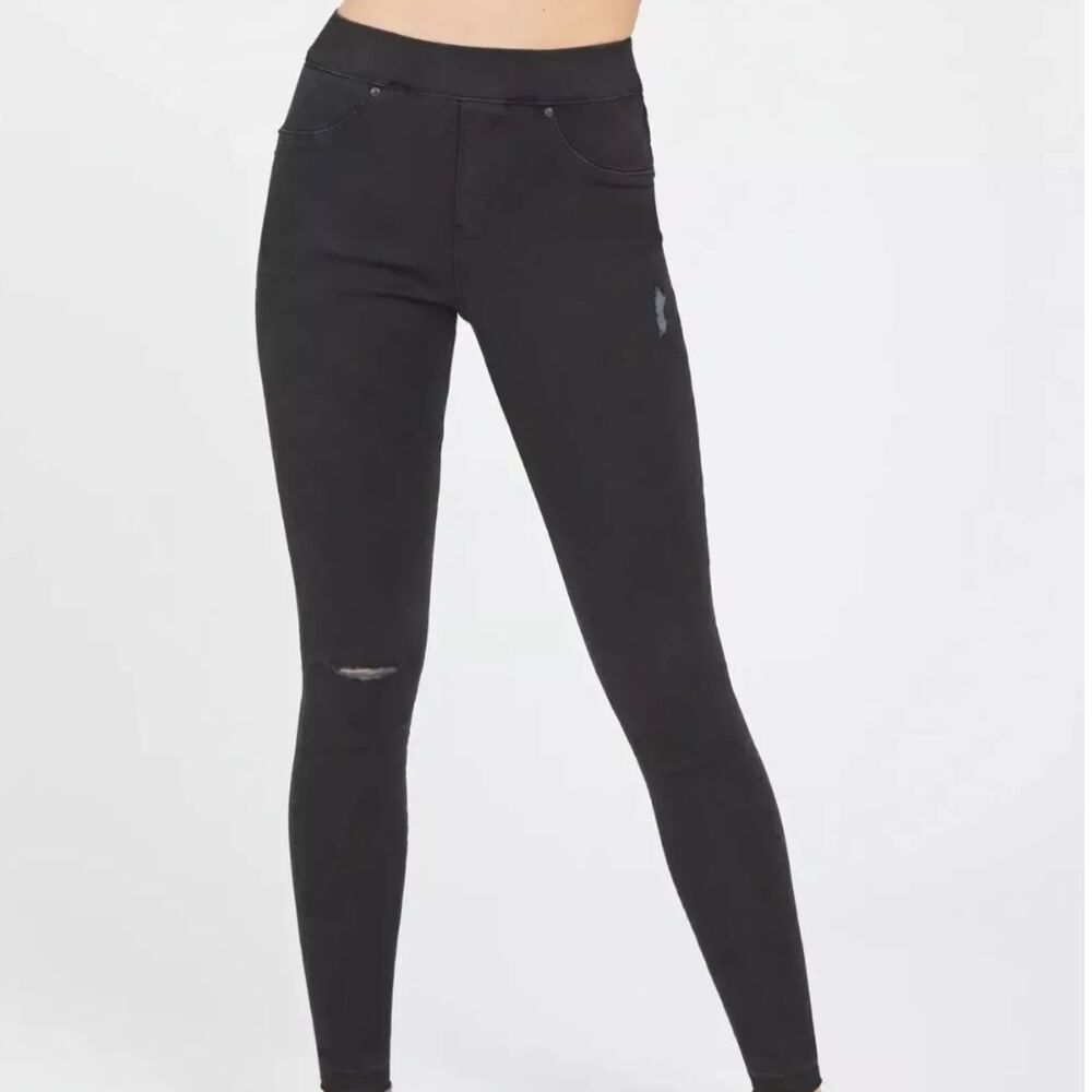 SPANX Vintage Distressed Ankle Skinny Jeans Size Large Black‎ Raw Hem 20213R